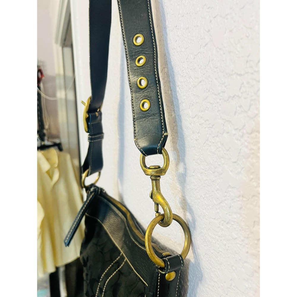 Coach Y2K Hobo Black‎ White Stitch Jacquard Leather Shoulder Bag Adjust Strap - Picture 7 of 9